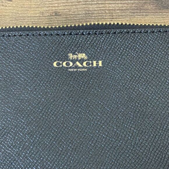 COACH Crossgrain Leather Corner Zip Wristlet, Black, Black & Gold - Picture 3 of 10